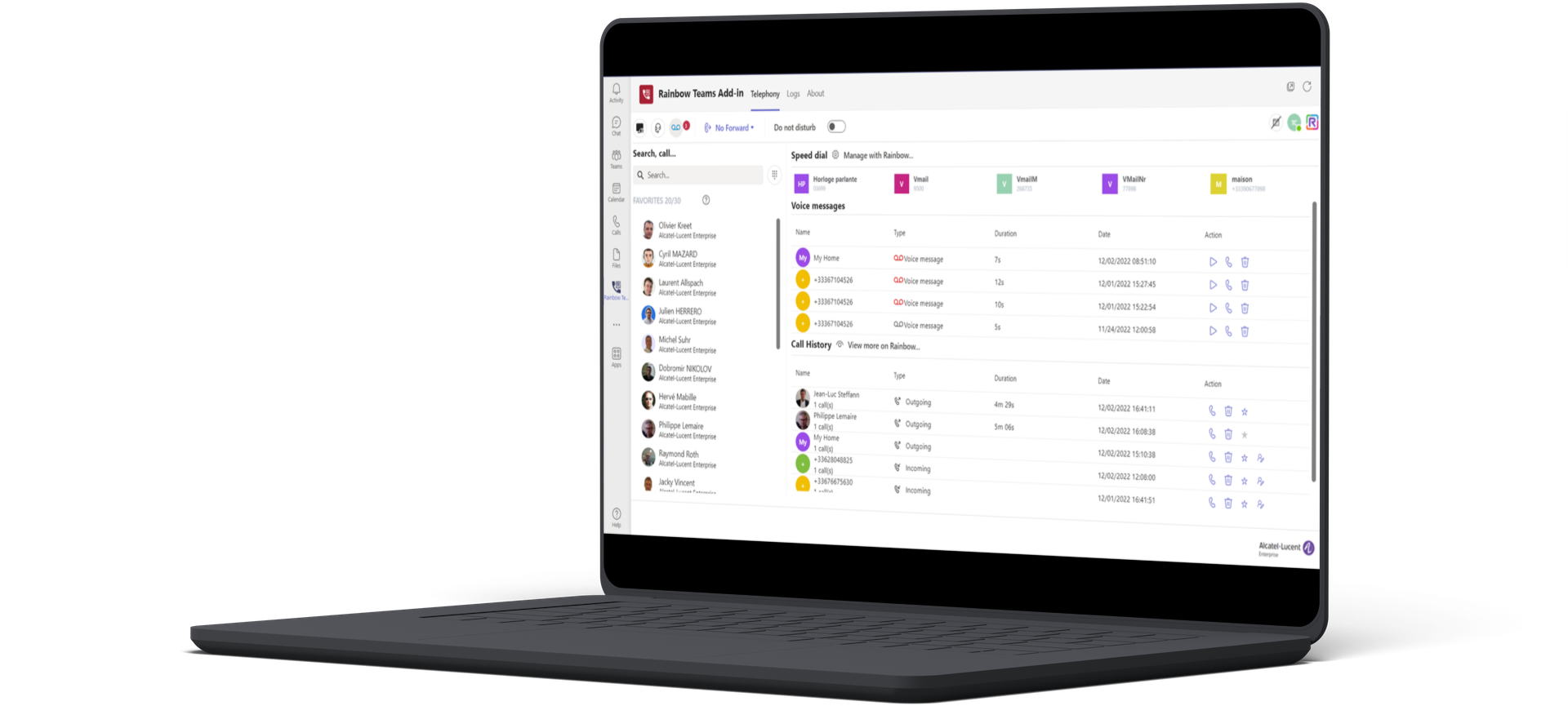 Open laptop with the Rainbow Telephony for Microsoft Teams interface
